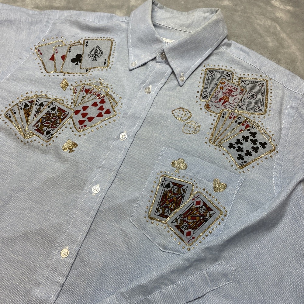 Vtg Playing Cards Shirt Size 16 Blue Button Down Long Sleeve Casino Poker Casino